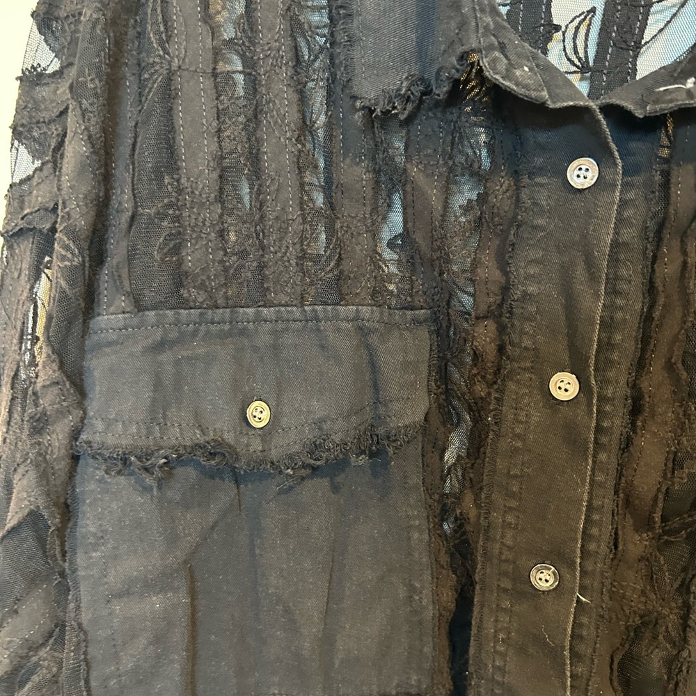 POL Black Sheer Lace Button Front Distressed by Design Top Blouse - Picture 5 of 8